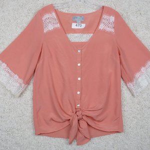 Solemio* Women's Half Sleeve Lace V-Neck Collarless Button‎ Down Blouse~ Small